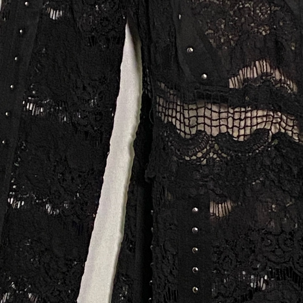 Vocal Lace Knit with Studded Faux Suede, Scalloped Hem Open Front Cardigan - Picture 3 of 13
